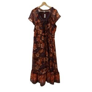 Old Navy Maxi Dress Womens XL Bohemian Peasant Floral Flowy Rayon India Boho